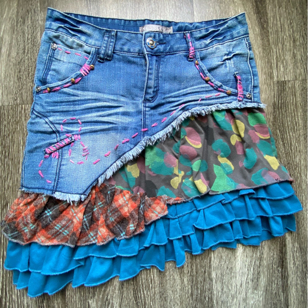 Unique Denim Patchwork Skirt with Asymmetrical Hem